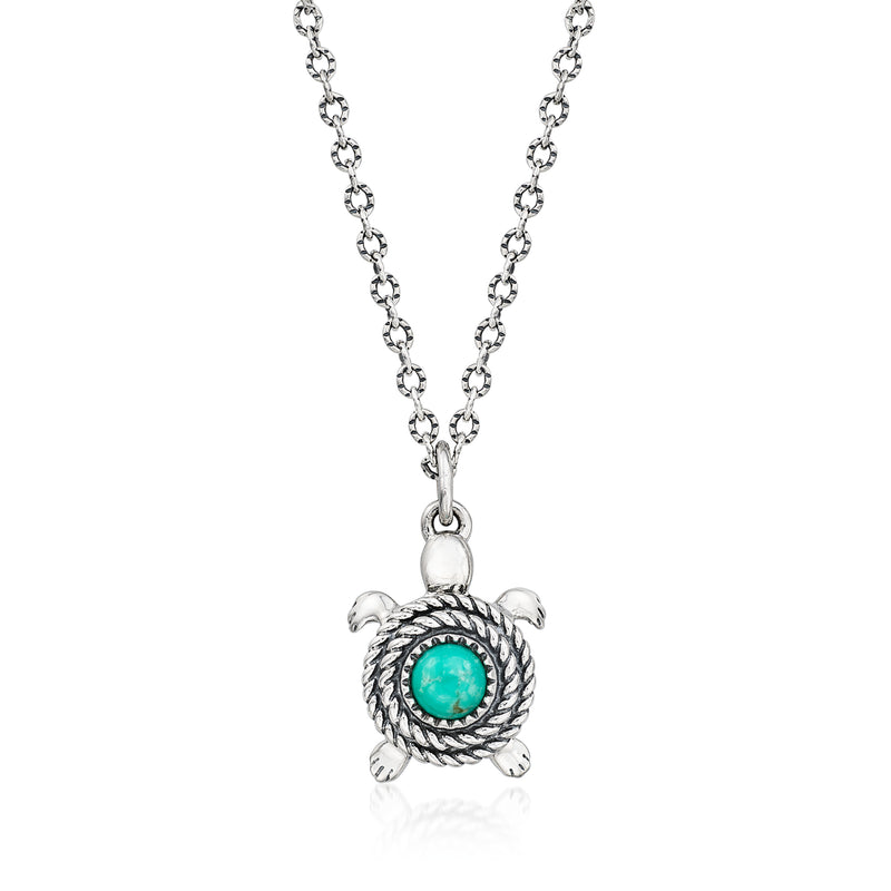 Sterling silver turtle pendant necklace with turquoise oval stone