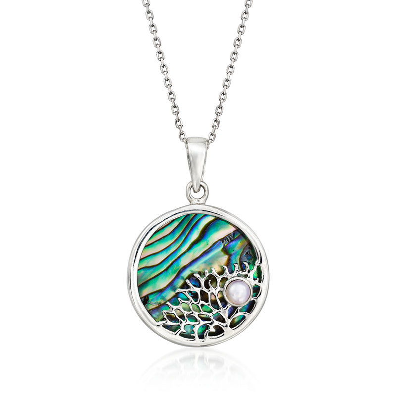 Sterling silver round pendant necklace with iridescent abalone shell and 4mm cultured pearl