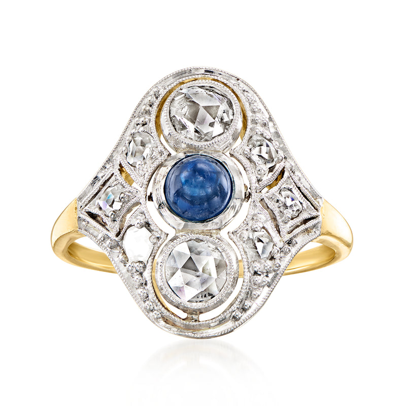 Vintage sapphire and diamond ring in yellow gold and platinum, round blue center