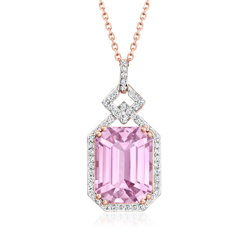 Rose gold kunzite pendant necklace with pink gemstone and diamond accents, chain