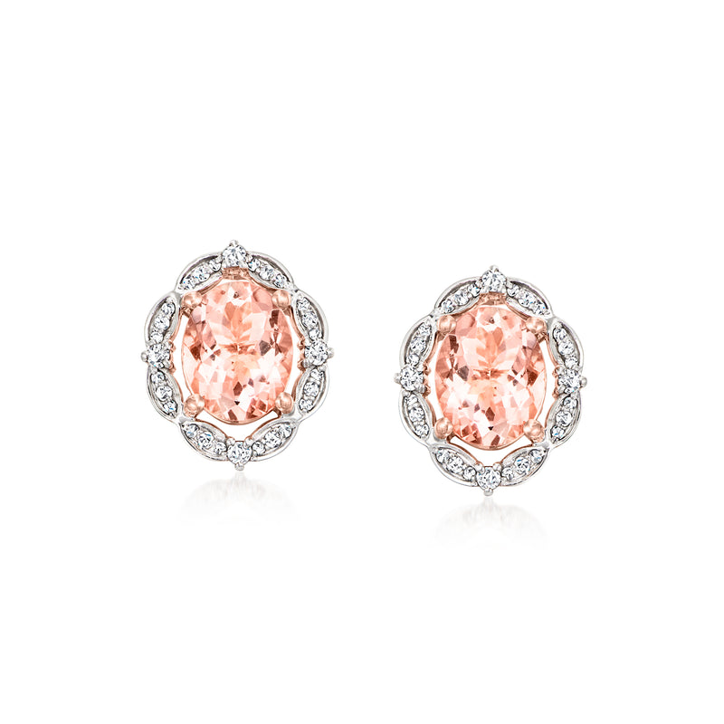Oval pink morganite stud earrings with diamond halo, pair