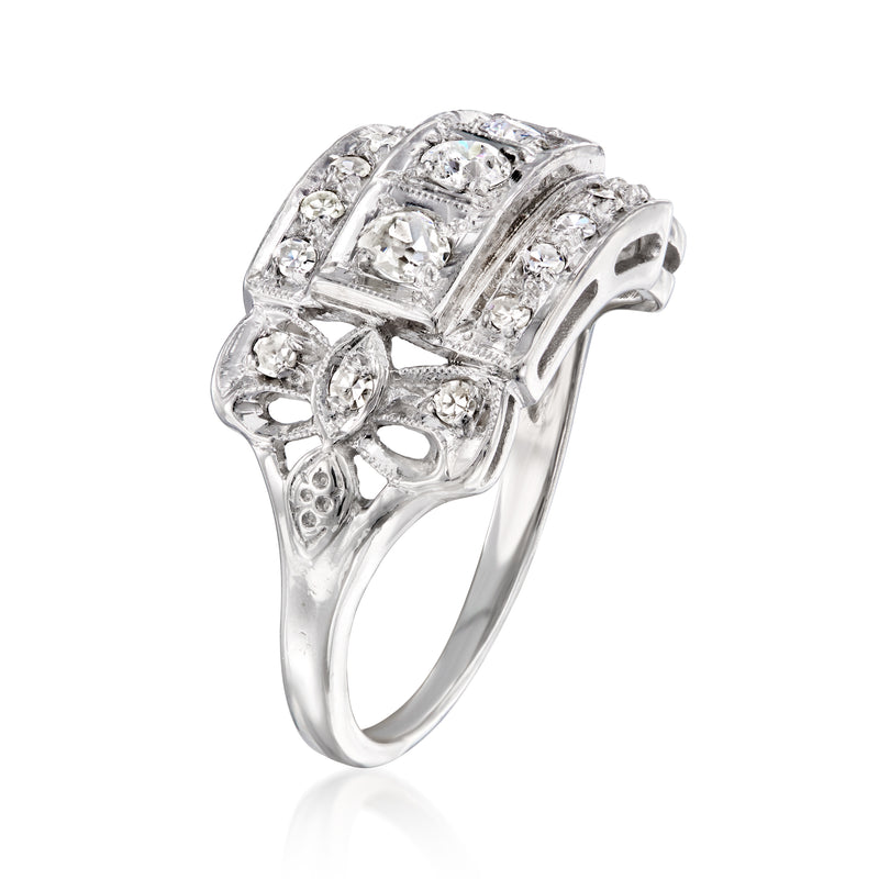 Vintage 14kt white gold diamond ring, side view with clustered pave stones