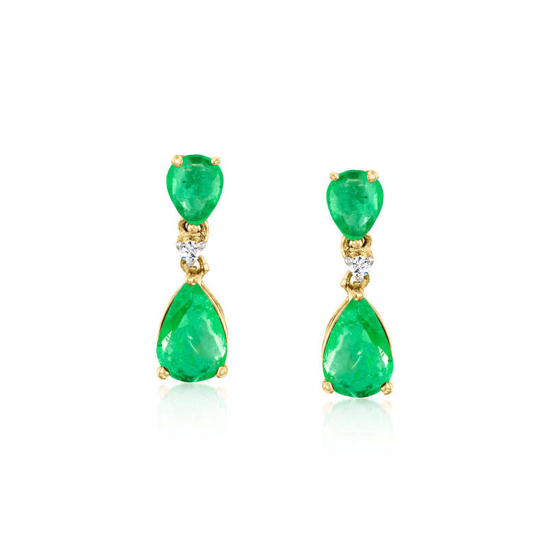 Yellow gold drop earrings with emerald-green teardrop stones and diamond accents