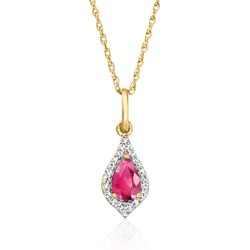 14kt yellow gold pendant necklace with teardrop ruby and diamond halo