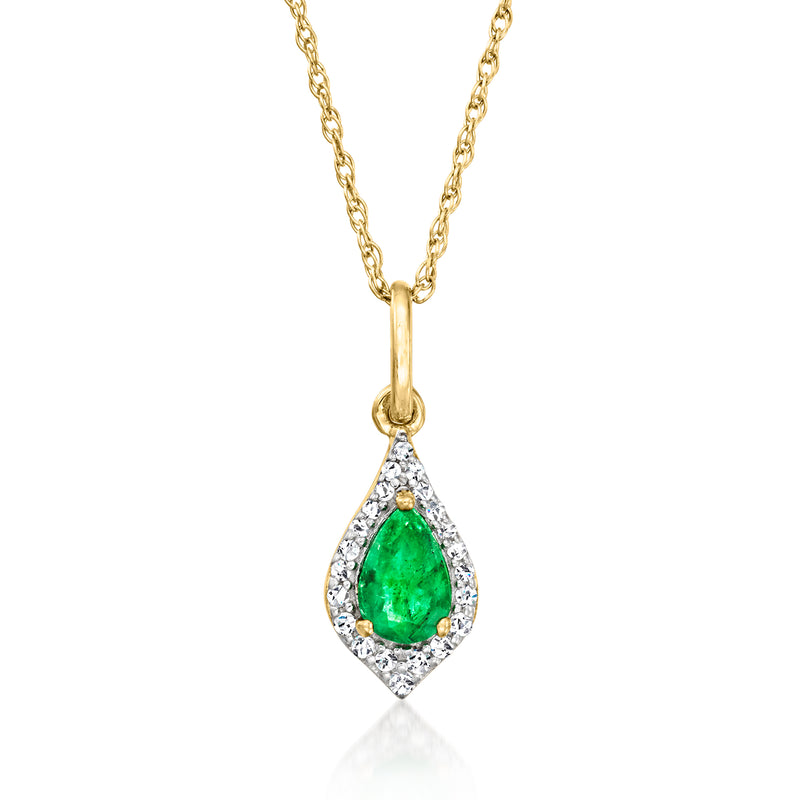 14kt yellow gold teardrop pendant with green emerald and diamond halo, on gold chain