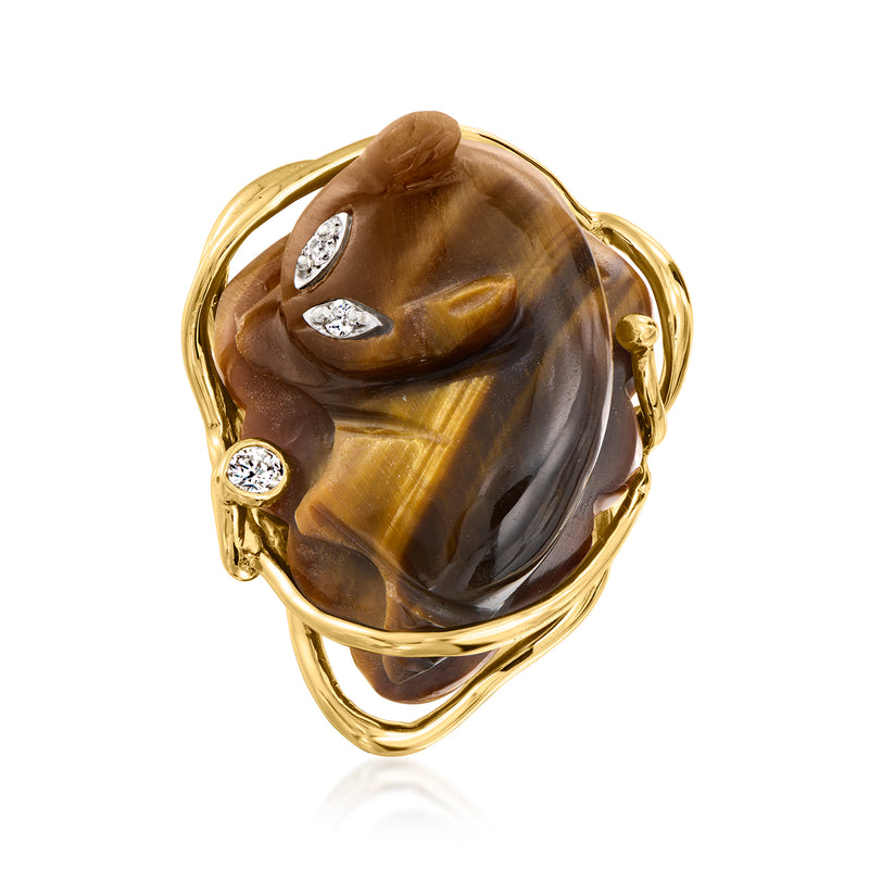 Vintage tiger eye cat ring in 14kt yellow gold with round diamond accents, size 6