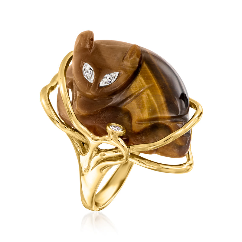 Vintage tiger eye cat ring, 14kt yellow gold bezel with prong-set diamond details