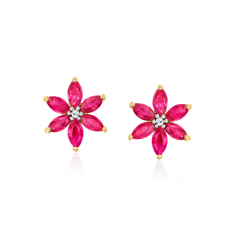 Ruby flower stud earrings with marquise stones and diamond center, yellow gold