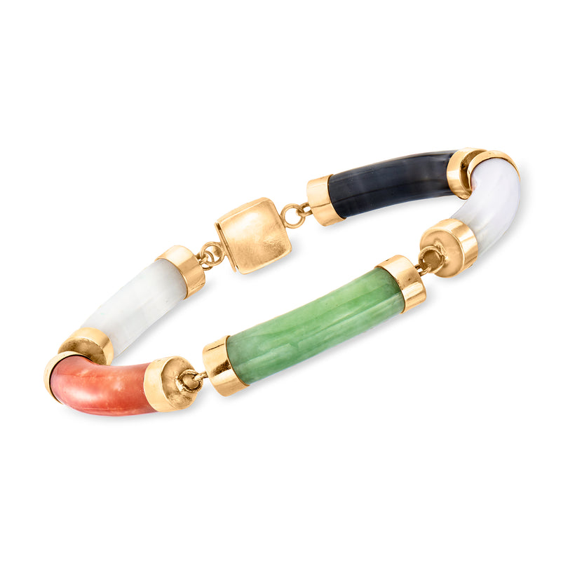 Vintage multicolored jade bracelet in 14kt yellow gold with red, green, black, and white beads