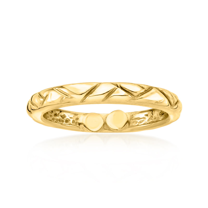 14kt yellow gold patterned ring with raised geometric design and polished band.