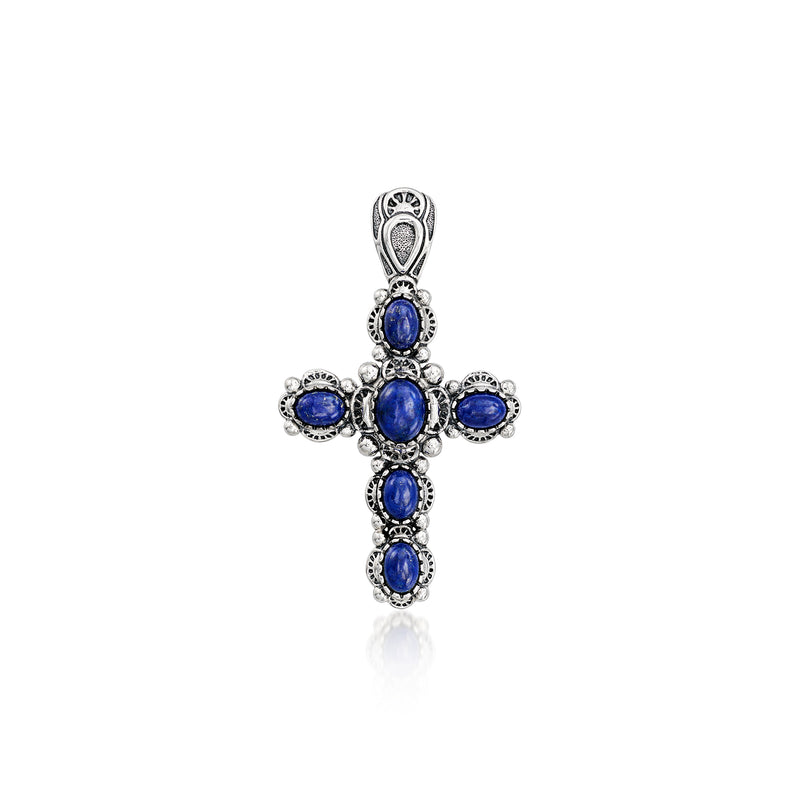 Sterling silver cross pendant with oval lapis-blue gemstones and bail
