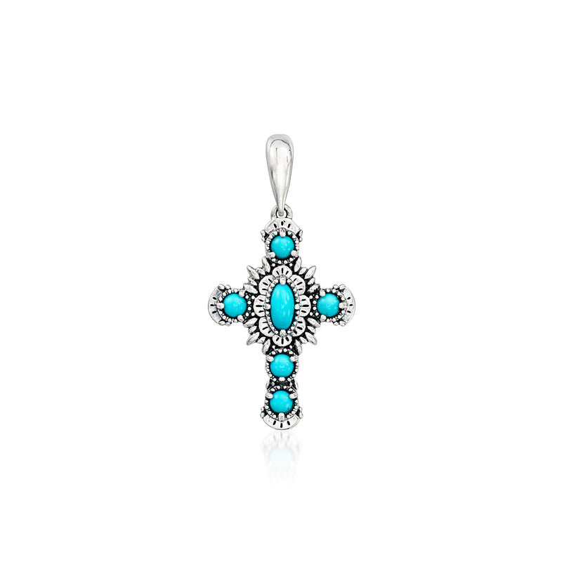 Sterling silver cross pendant with turquoise gemstone inlays