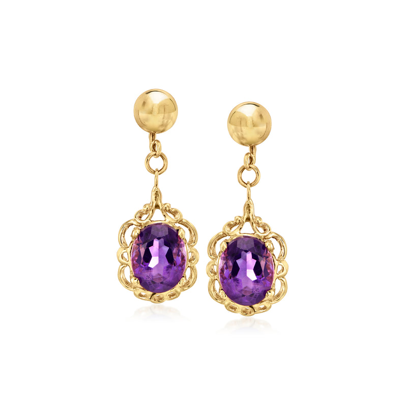 14kt yellow gold amethyst drop post earrings with oval purple gemstones