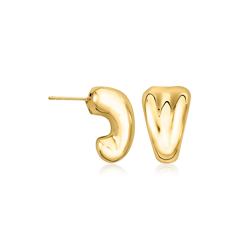Yellow gold J-hoop earrings, side view with straight post and curved hoop