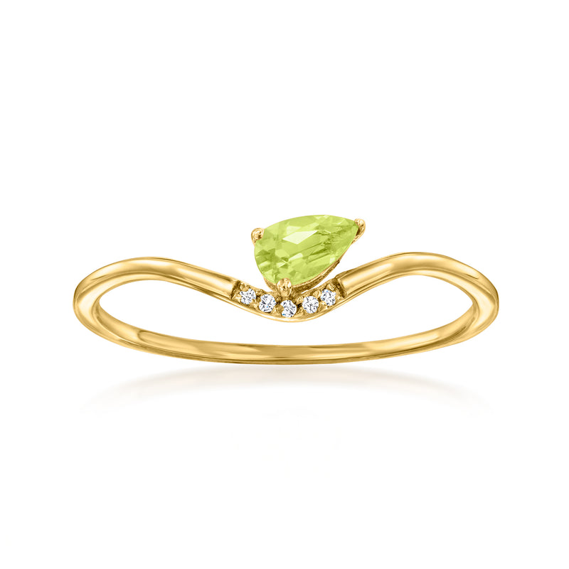 14kt yellow gold peridot ring with pear-shaped green stone and diamond band