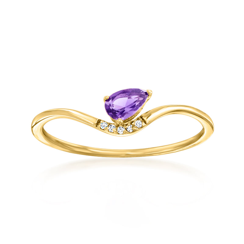 14kt yellow gold amethyst and diamond ring, teardrop purple stone with diamond accents
