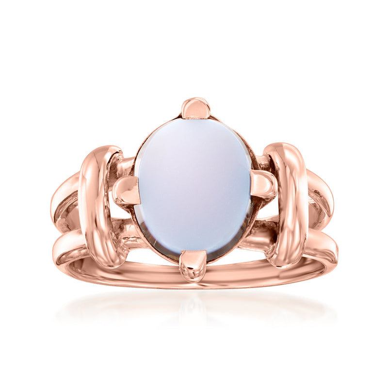 10kt rose gold vintage oval agate ring with white cabochon and twisted band details