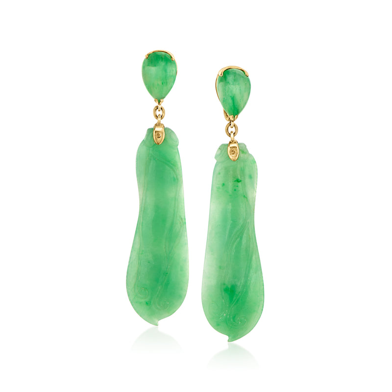 Vintage jade drop clip earrings, green teardrop jade with 14kt yellow gold tops