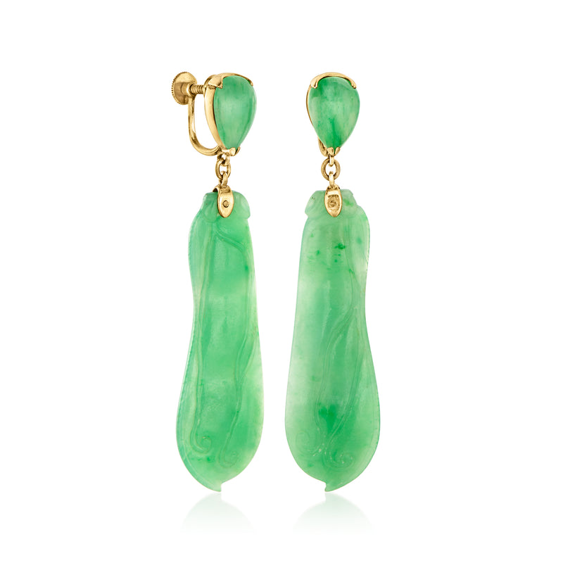 Vintage jade drop clip earrings in 14kt yellow gold, green teardrop stones