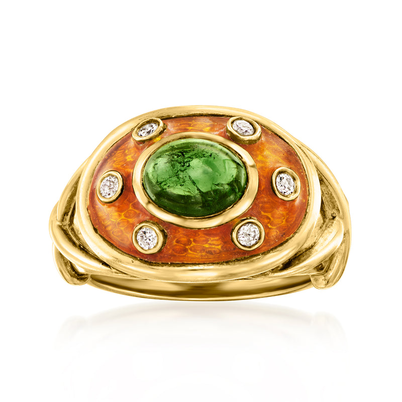 14kt yellow gold vintage ring with green oval tourmaline, orange enamel, diamond accents