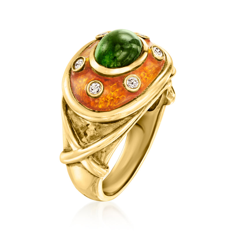Gold ring with green oval tourmaline, orange enamel, and diamond accents, side view