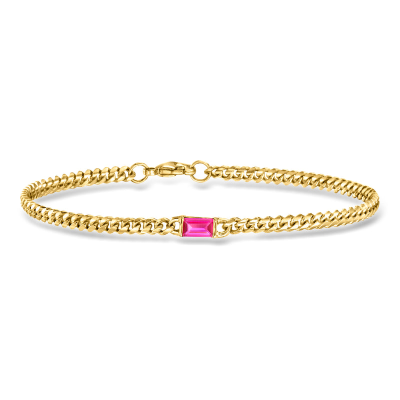 Gold curb-link bracelet with pink ruby center stone, 18kt gold over sterling
