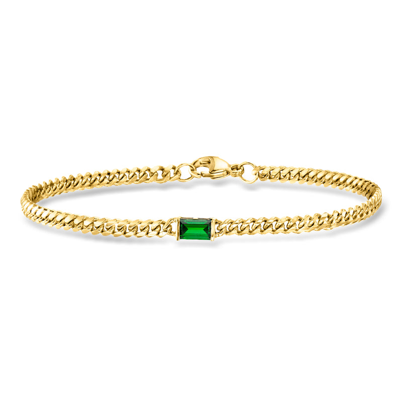 Gold curb-link bracelet with green emerald-cut lab gemstone center