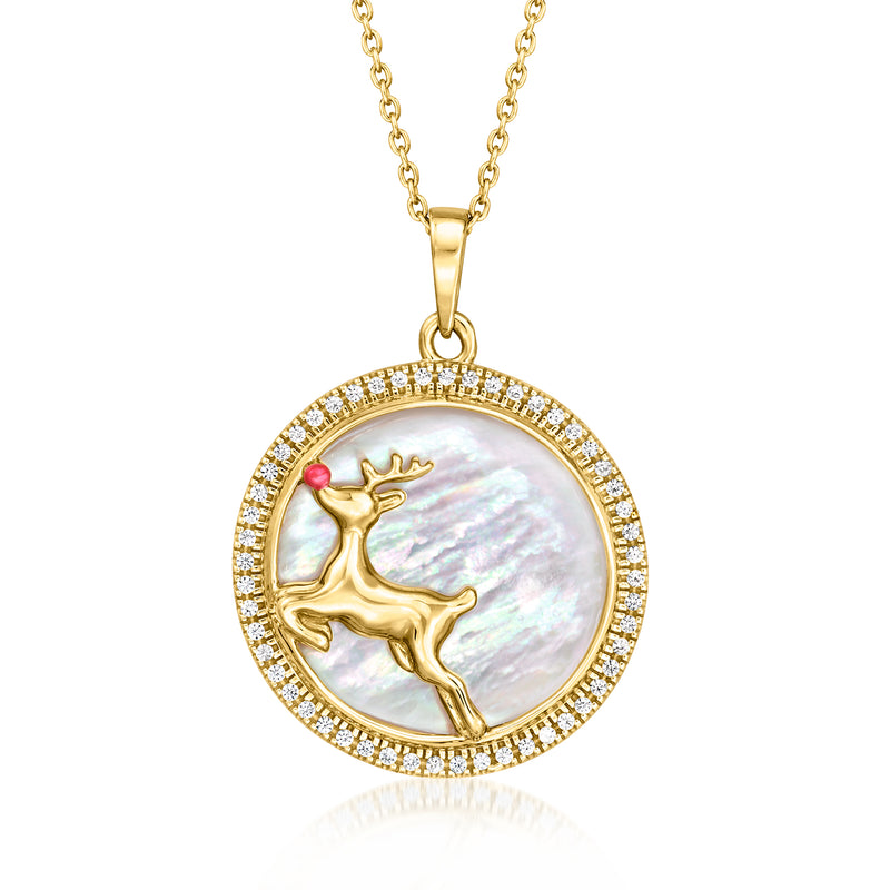 Gold over sterling mother-of-pearl reindeer pendant necklace, round halo with red enamel