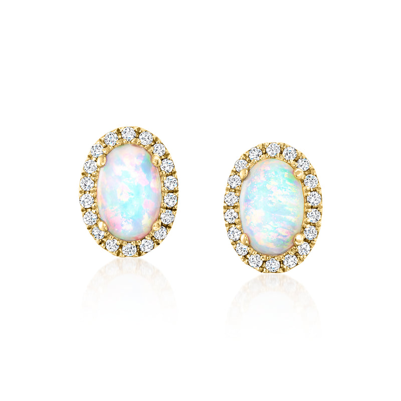 Oval opal and diamond halo stud earrings in 14kt yellow gold