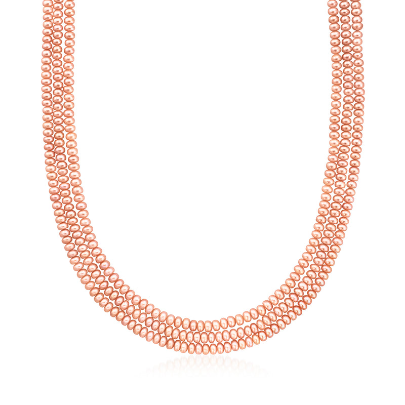 Three-strand pink cultured pearl necklace with 14kt yellow gold details