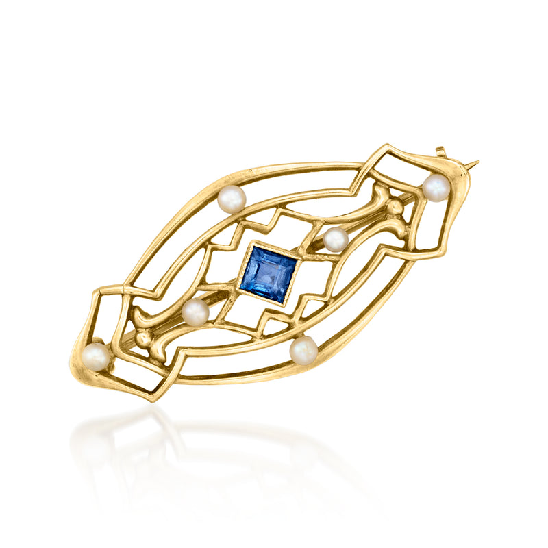 Vintage yellow gold openwork pin with blue sapphire and seed pearls, 14kt