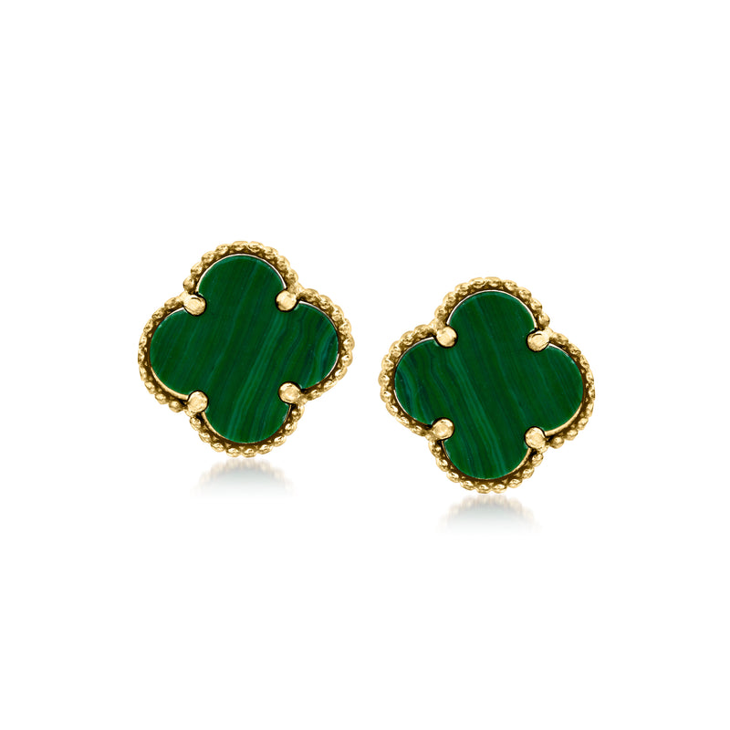 Malachite clover stud earrings in 14kt yellow gold, four-leaf design post backs