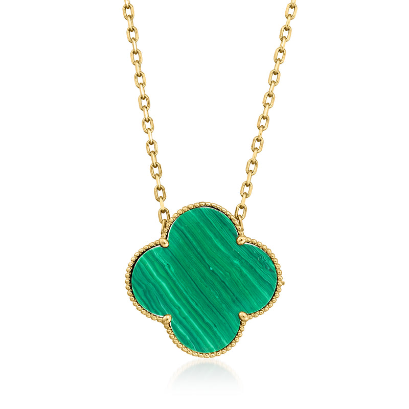 14kt yellow gold malachite clover pendant necklace with green stone and chain
