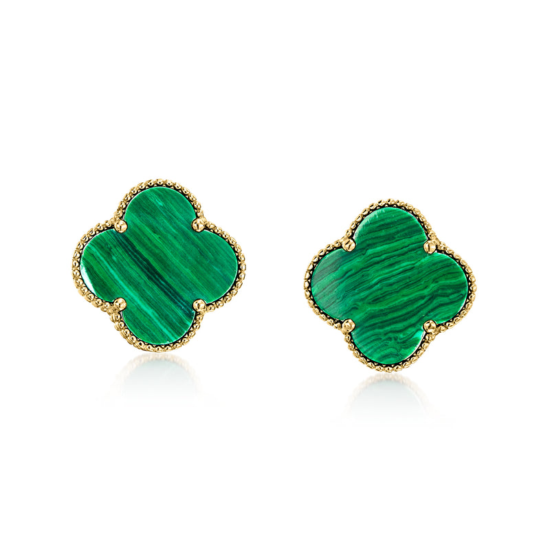 Vintage malachite clover post earrings in 14kt yellow gold, green stone