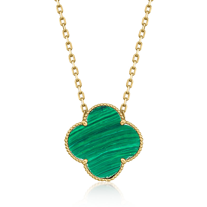 14kt yellow gold malachite clover pendant necklace with green gemstone