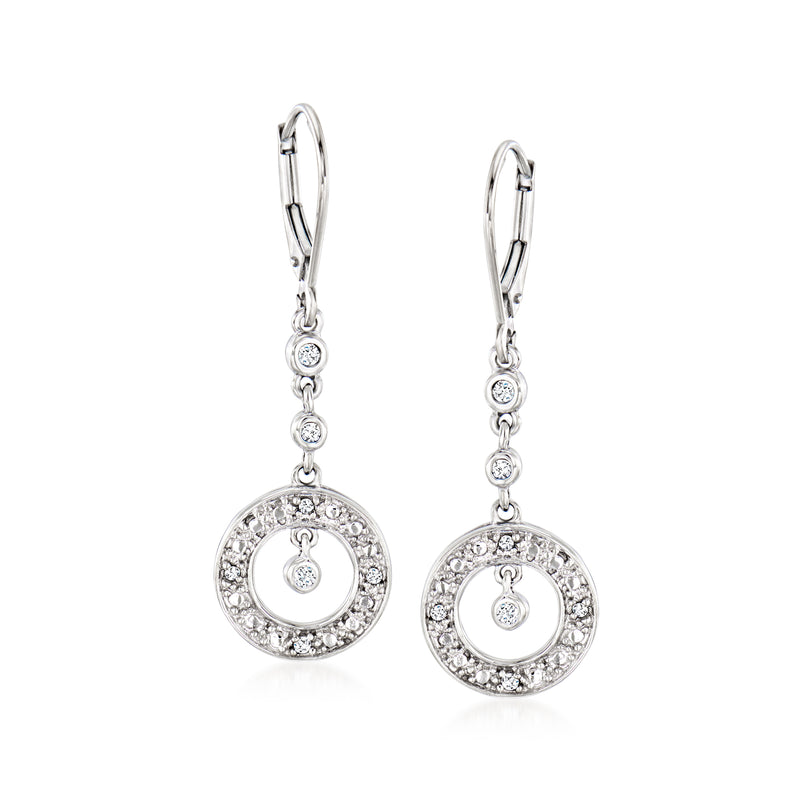 10kt white gold circle drop earrings with pave diamonds, leverback hooks, vintage look