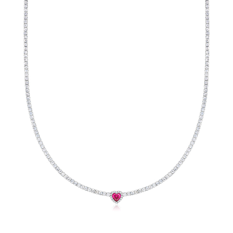 Sterling silver heart necklace with pink simulated ruby center and cubic zirconia chain