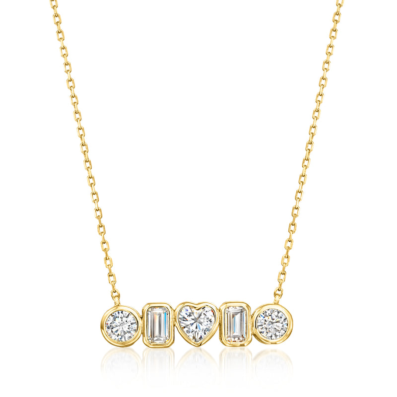 18kt gold over sterling CZ necklace with round, baguette, and heart-shaped stones