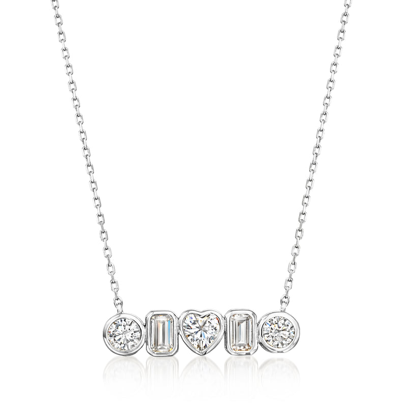 Sterling silver CZ necklace with round and baguette and heart-shaped pendants