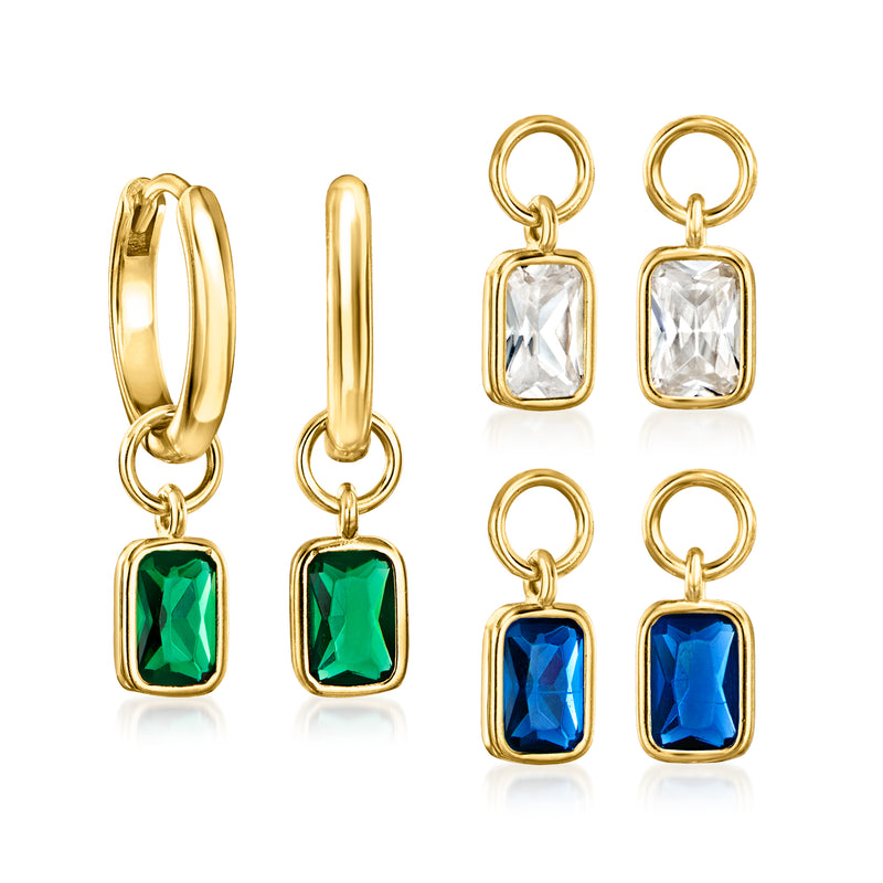 Gold hoop earrings with interchangeable gemstone-style drops: clear, green and blue CZ