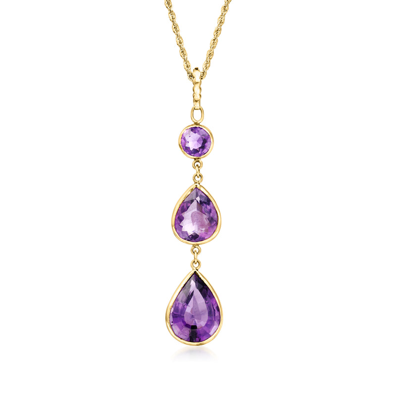14k yellow gold three-stone amethyst pendant with three oval purple gemstones
