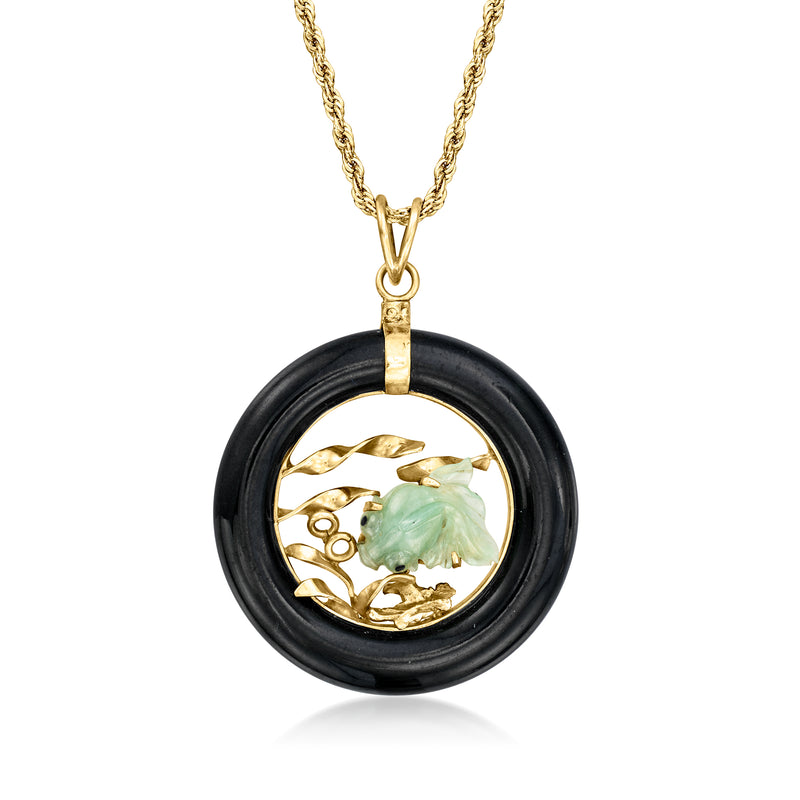 14kt gold chain necklace with round black jade fish pendant and green jade inlay