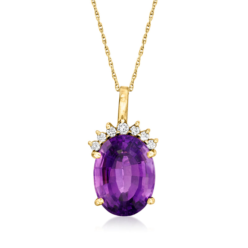 14kt yellow gold amethyst pendant necklace with oval purple amethyst and diamond halo