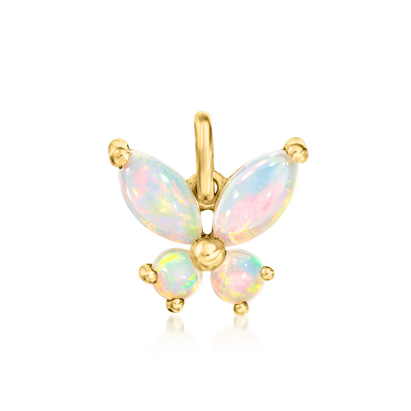 14kt yellow gold butterfly charm with opal-like iridescent wings, round bail