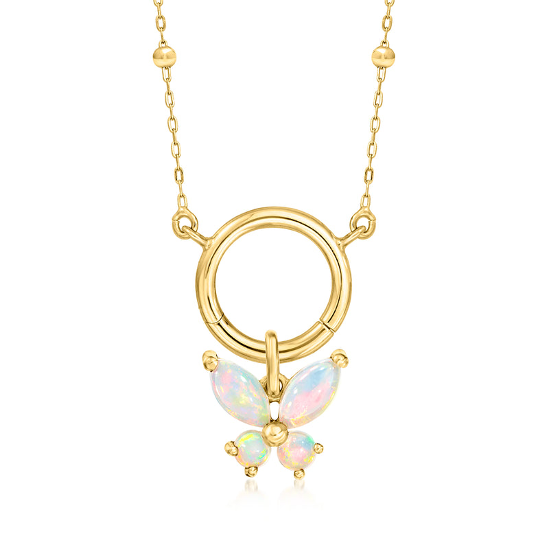 14kt yellow gold charm necklace with open ring frame and iridescent opal butterfly