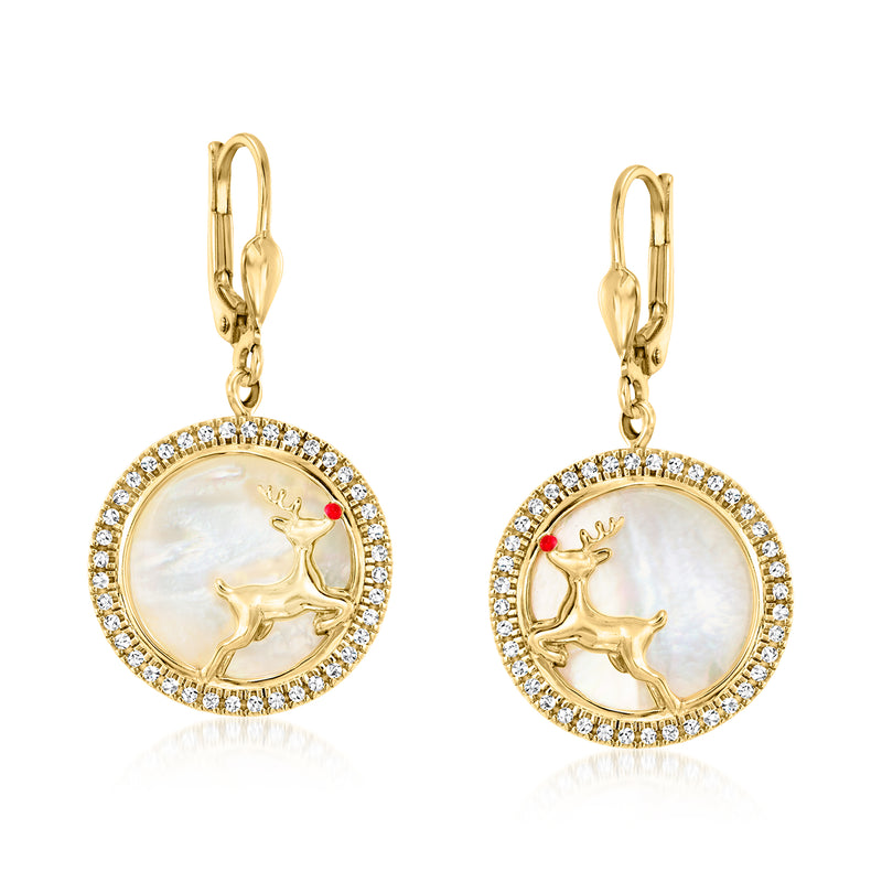 Round gold deer drop earrings with zircon halo and red enamel, leverback