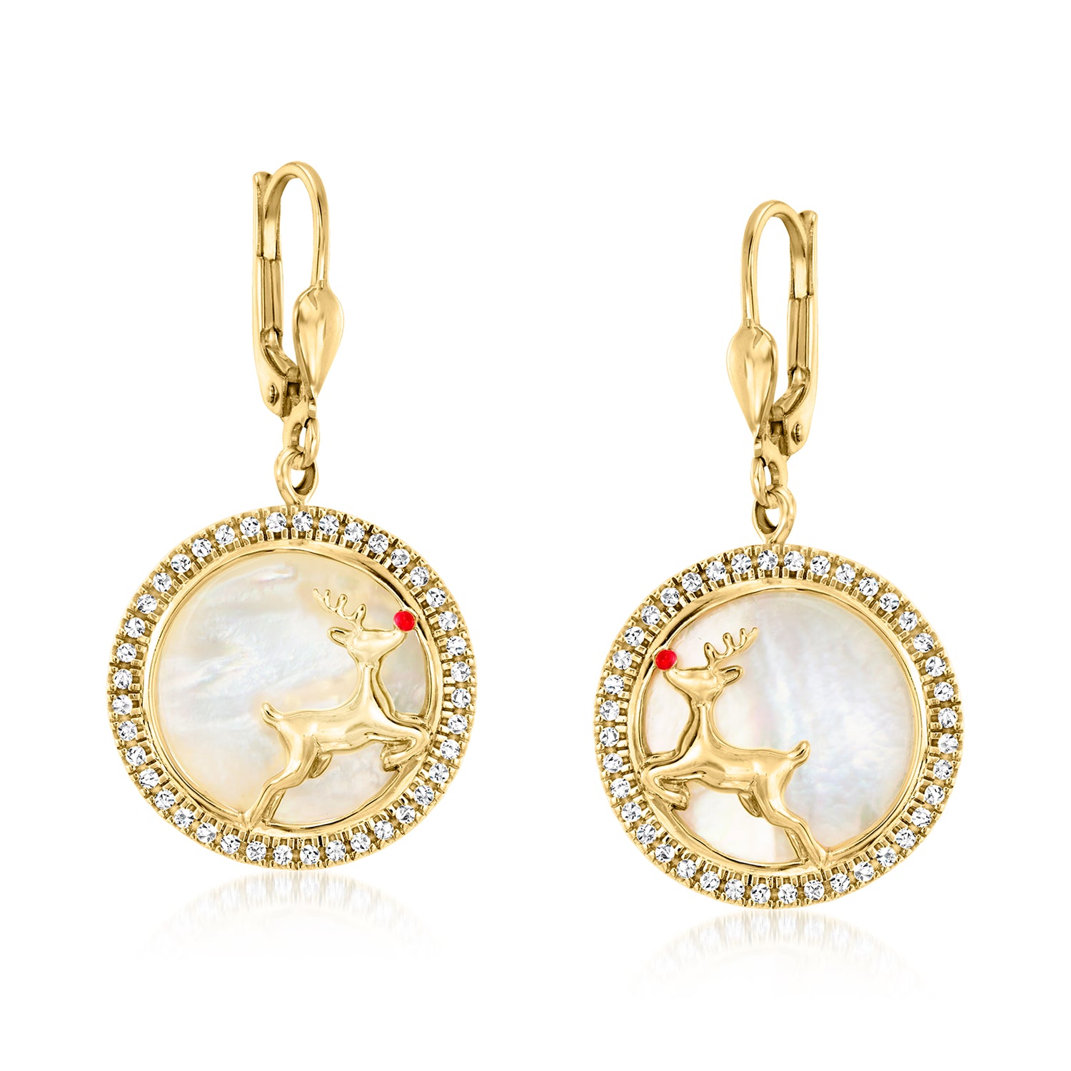 Mother-of-Pearl and .80 ct. t.w. White Zircon Reindeer Drop Earrings with Red Enamel in 18kt Gold Over Sterling