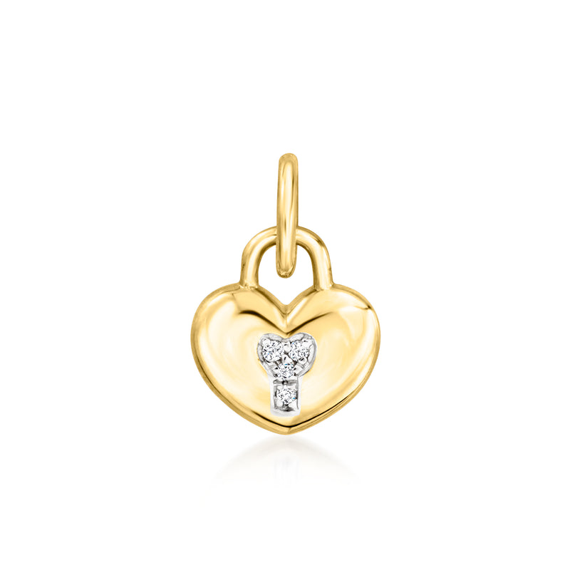14kt yellow gold heart lock charm with diamond accents, loop bail on top