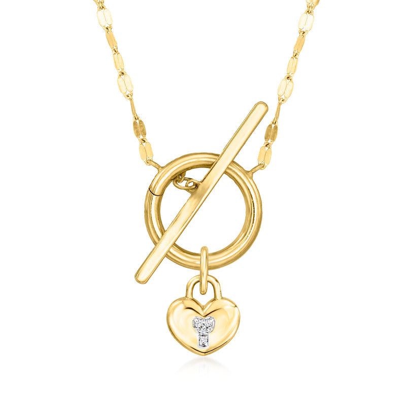 14kt yellow gold heart lock charm pendant with diamond accent, on linked chain