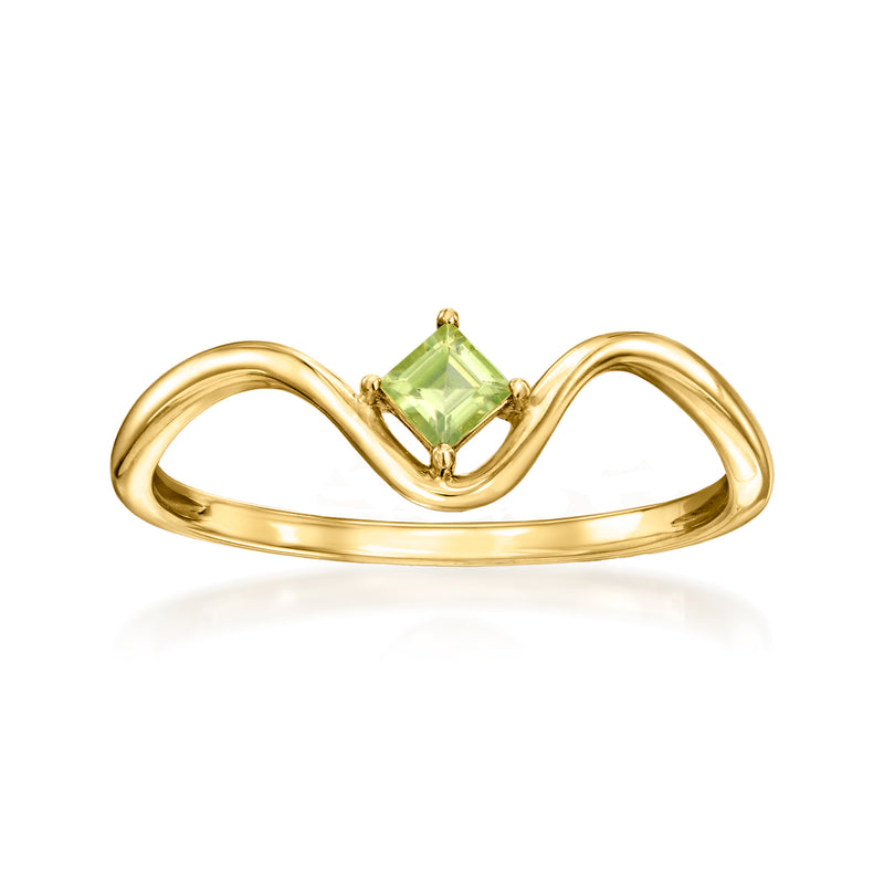 14kt yellow gold curvy ring with square peridot gemstone, prong-set.